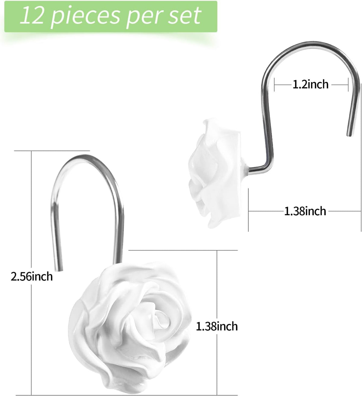 Cute Rose Floral Shower Curtain Hooks Rings for Bathroom,White 12PCS