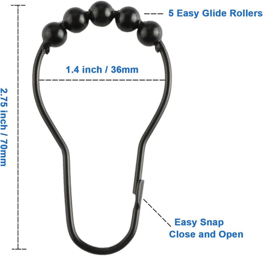Shower Curtain Hooks Rings, Rustproof Metal Shower Curtain Rings for Bathroom Shower Rods Curtains - Set of 12, Matte Black