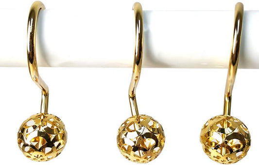 Chictie Gold Shower Curtain Hooks Rings,Set of 12 Brass Decorative Bling Metal Rustproof Shower Hangers Rings for Bathroom Curtains Rods Hollow Ball Design