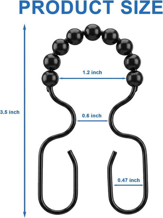 Shower Curtain Hooks Rings, Rustproof Stainless Steel Double Glide Shower Curtain Hooks Rings for Bathroom Shower Rod Curtain, Tangle-Free, Anti-Fall, 12Pcs (Black)