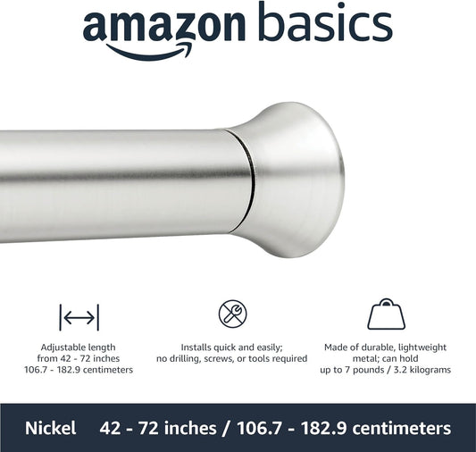 Amazon Basics Easy Install Shower Curtain Tension Rod, Adjustable Length, 42-73 inches, Nickel