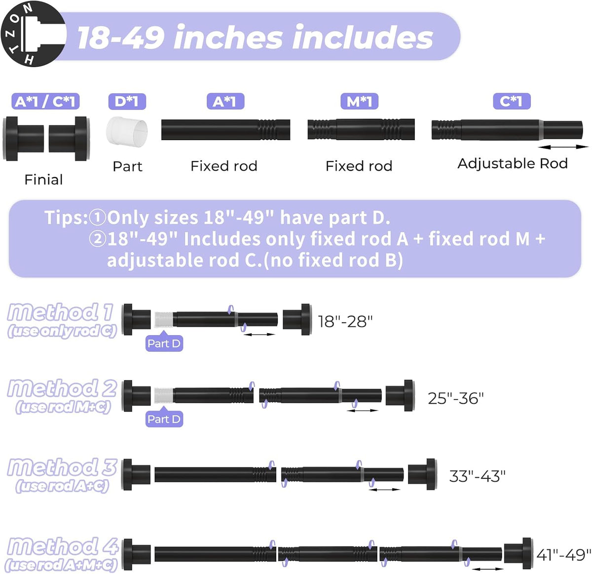 Black Shower Curtain Rod Spring Tension,Heavy Duty,No Drill,18-49"