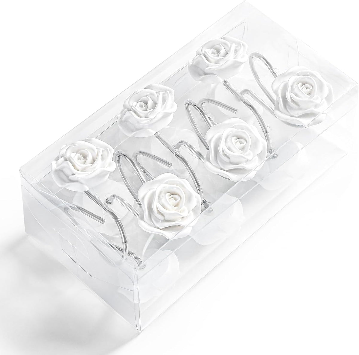 Cute Rose Floral Shower Curtain Hooks Rings for Bathroom,White 12PCS