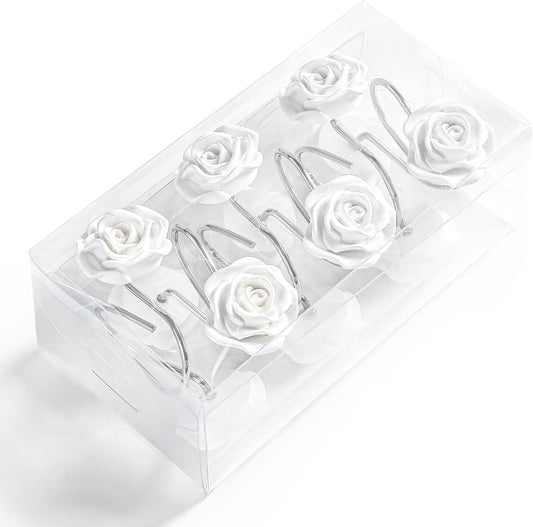 Cute Rose Floral Shower Curtain Hooks Rings for Bathroom,White 12PCS