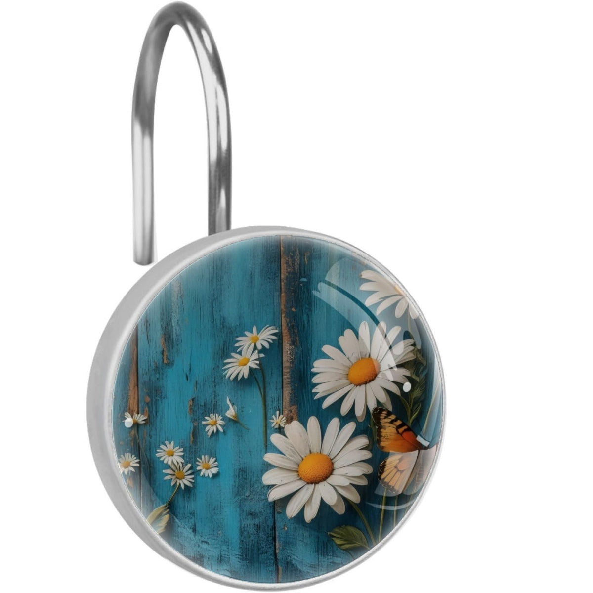 12 Pcs Farm Blue Daisy Butterfly on Country Wooden Shower Curtain Hooks, Decorative Shower Curtain Rings for Bathroom, Stainless Steel Rustproof Curtain Rings Hangers for Shower Curtain Rod