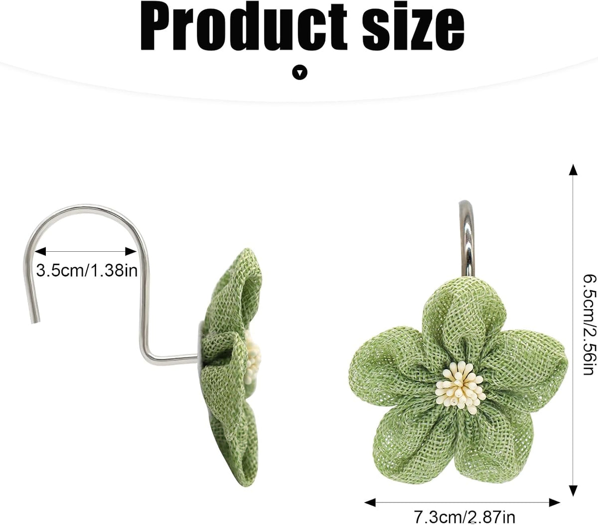 Flower Decorative Shower Curtain Hooks, Stylish Fabric Flower Shower Curtain Rings, Fashion Shower Curtain Hangers, 12PCS Shower Hooks for Shower Curtain, Bathroom, Bedroom, Living Room (Green)