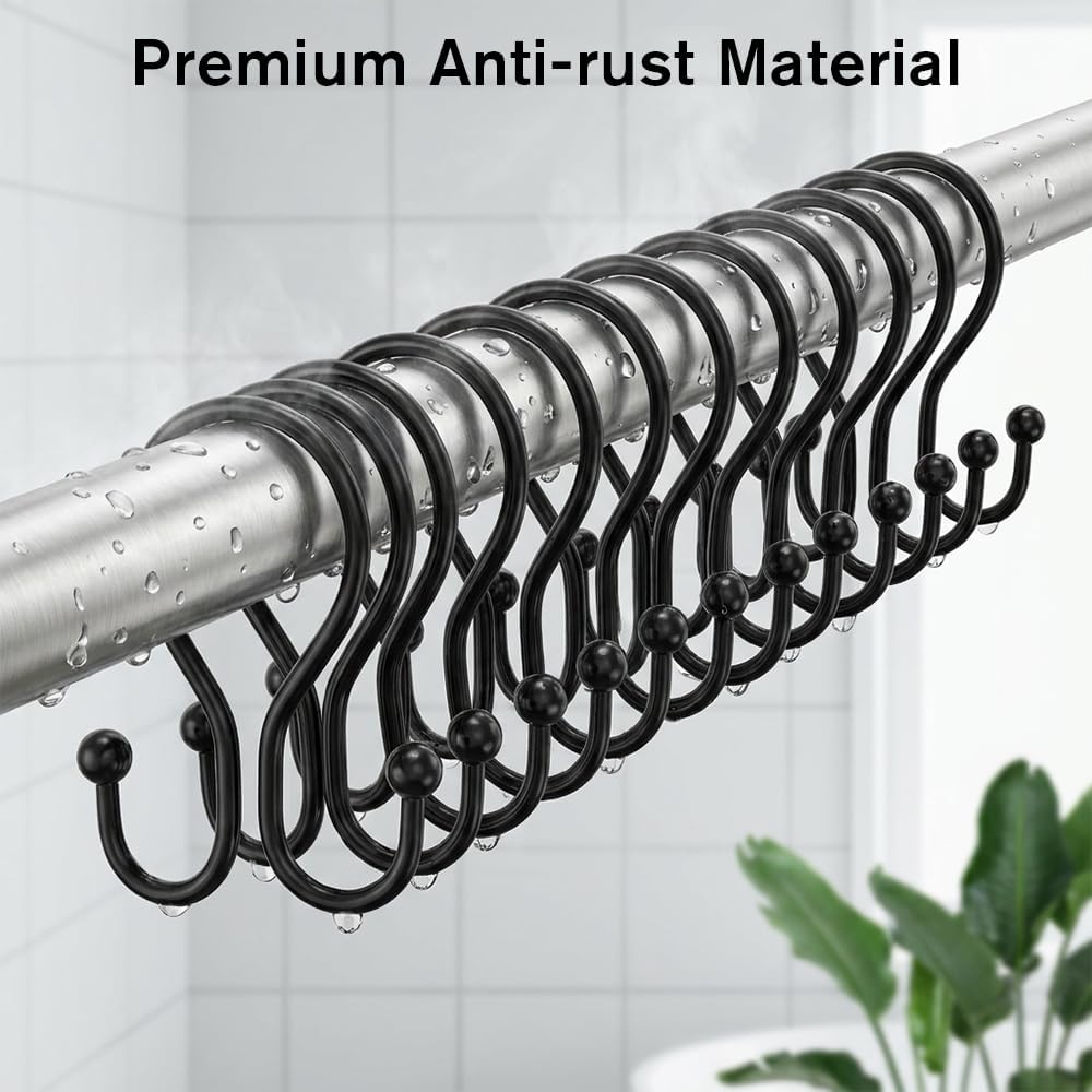 12PCS Black Shower Curtain Hooks, Rust Proof Metal Shower Curtain Rings