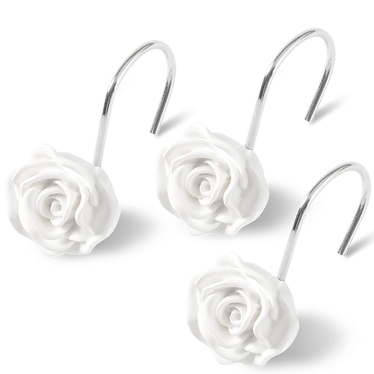 Cute Rose Floral Shower Curtain Hooks Rings for Bathroom,White 12PCS