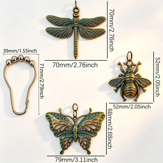 12Pcs Antique Green Dragonfly Butterfly Bee Shower Curtain Hooks Rings