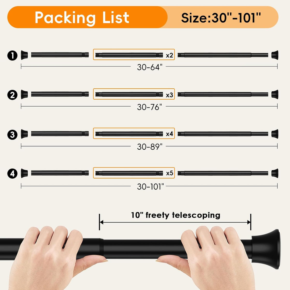 Black Tension Shower Curtain Rod Shower Tension Rods for Window Adjustable 30 To 64 Inch,Shower Curtain Rods Spring Tension For Bathroom No Drilling No Rust