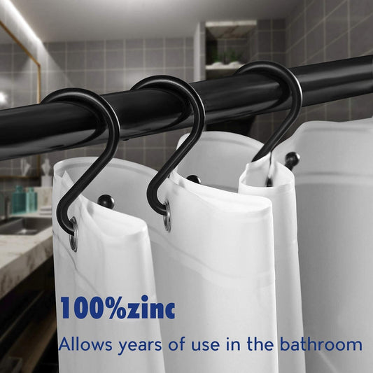 Metal Shower Curtain Hooks,Set of 12 Rings,Rust Resistant S Shaped Hooks Hangers for Kitchen Utensils, Clothing, Towels, etc. (Black)