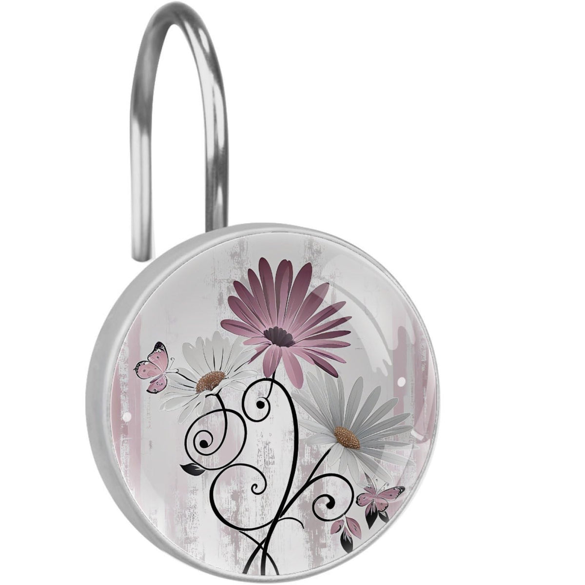 12 Pcs Farm Blue Daisy Butterfly on Country Wooden Shower Curtain Hooks, Decorative Shower Curtain Rings for Bathroom, Stainless Steel Rustproof Curtain Rings Hangers for Shower Curtain Rod