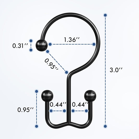 Bathway Shower Curtain Hooks Matte Black Shower Curtain Rings, 12 Pcs Double Hook Shower Curtain Hooks Rings Shower Curtain Hangers Rust Proof, Metal Shower Hooks for Bathroom Shower Curtain Rod