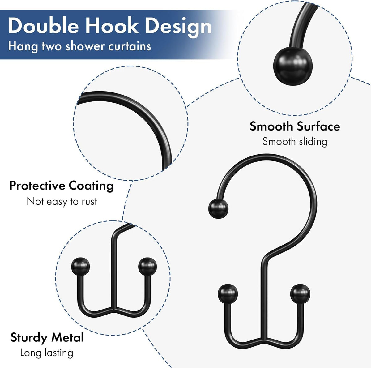 Bathway Shower Curtain Hooks Matte Black Shower Curtain Rings, 12 Pcs Double Hook Shower Curtain Hooks Rings Shower Curtain Hangers Rust Proof, Metal Shower Hooks for Bathroom Shower Curtain Rod