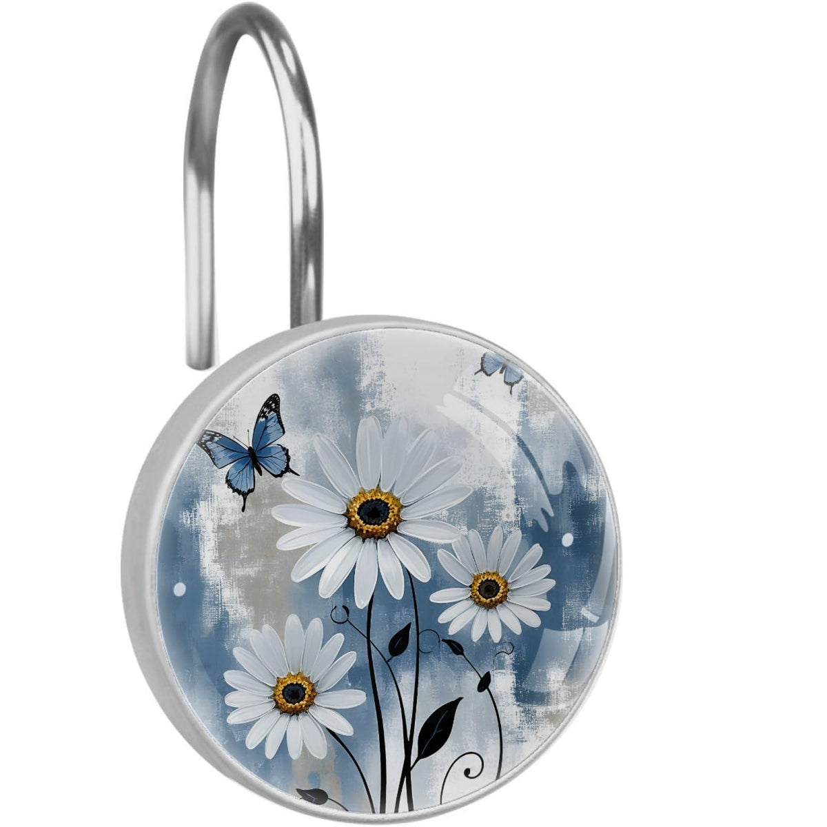 12 Pcs Farm Blue Daisy Butterfly on Country Wooden Shower Curtain Hooks, Decorative Shower Curtain Rings for Bathroom, Stainless Steel Rustproof Curtain Rings Hangers for Shower Curtain Rod