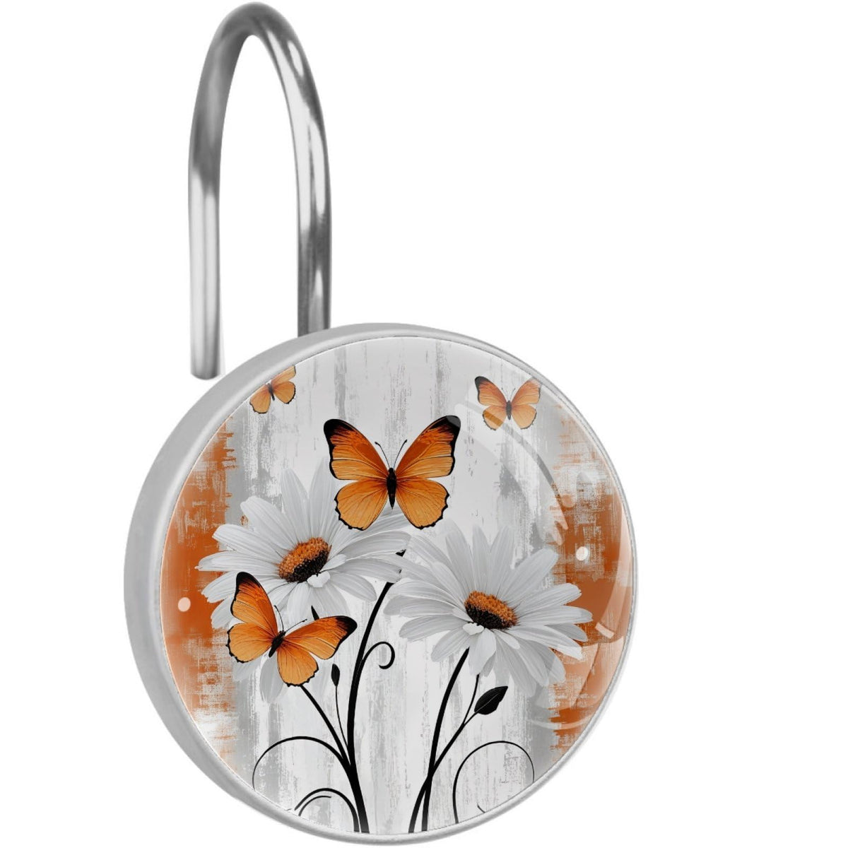 12 Pcs Farm Blue Daisy Butterfly on Country Wooden Shower Curtain Hooks, Decorative Shower Curtain Rings for Bathroom, Stainless Steel Rustproof Curtain Rings Hangers for Shower Curtain Rod