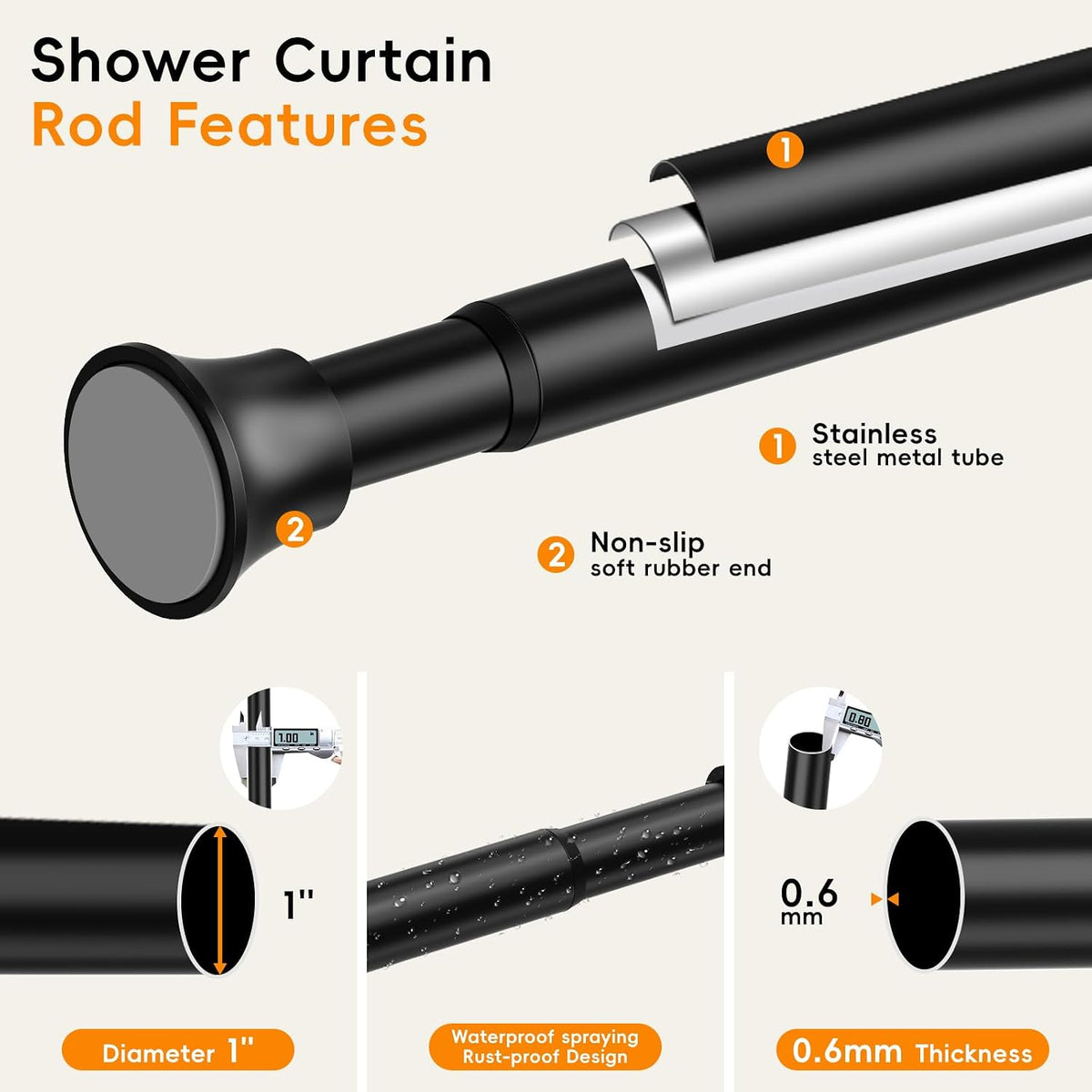 Black Tension Shower Curtain Rod Shower Tension Rods for Window Adjustable 30 To 64 Inch,Shower Curtain Rods Spring Tension For Bathroom No Drilling No Rust