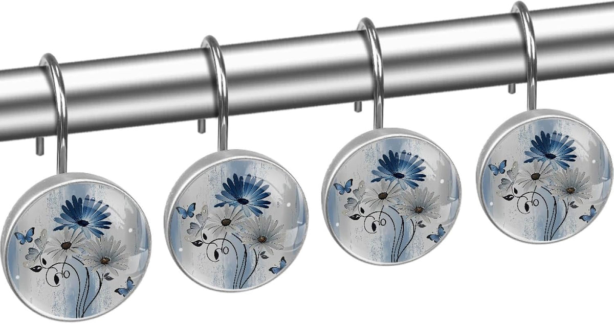 12 Pcs Farm Blue Daisy Butterfly on Country Wooden Shower Curtain Hooks, Decorative Shower Curtain Rings for Bathroom, Stainless Steel Rustproof Curtain Rings Hangers for Shower Curtain Rod