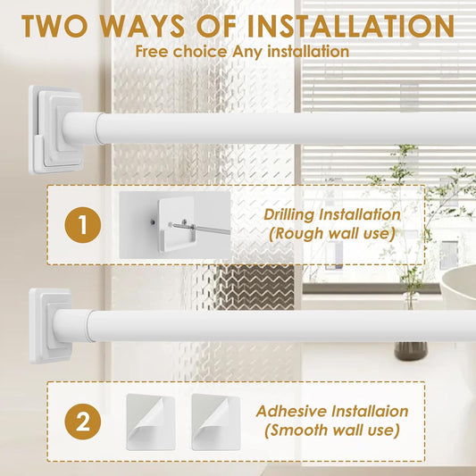 White Shower Curtain Rod,Spring Tension Curtain Rod 30-64”,No Drill or Screw Installation Shower Rod for Bathroom, Closet, Kitchen with Brackets