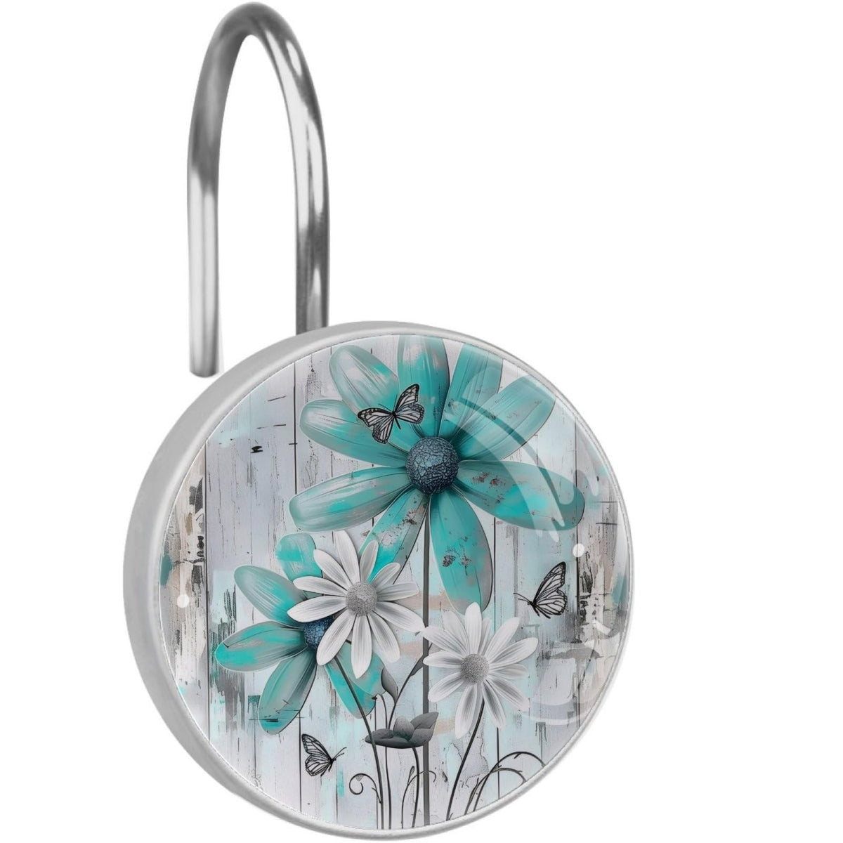 12 Pcs Farm Blue Daisy Butterfly on Country Wooden Shower Curtain Hooks, Decorative Shower Curtain Rings for Bathroom, Stainless Steel Rustproof Curtain Rings Hangers for Shower Curtain Rod