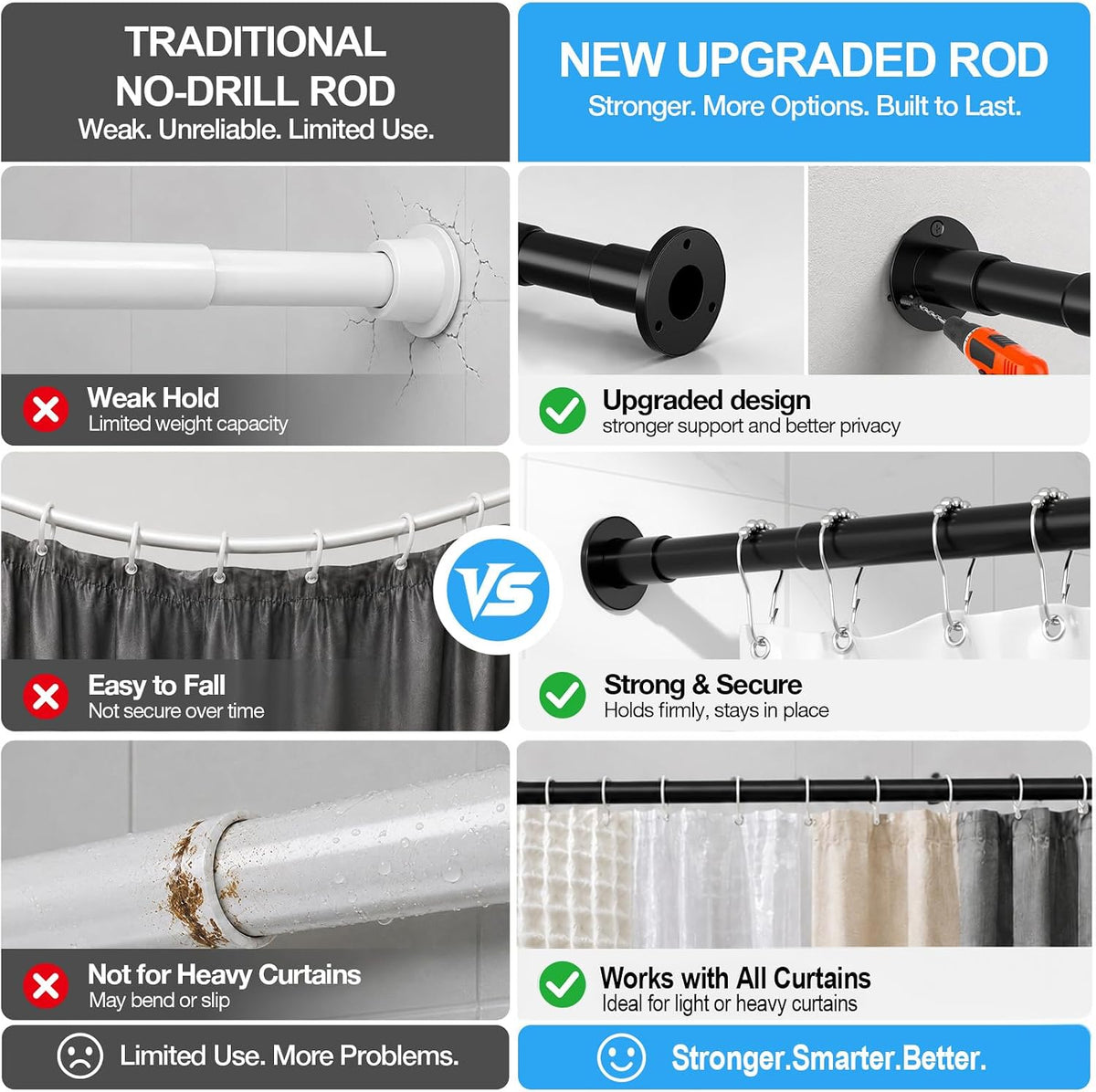 AIZESI Permanent Shower Curtain Rod 28-90", Wall Mounted Curtain Rod Black