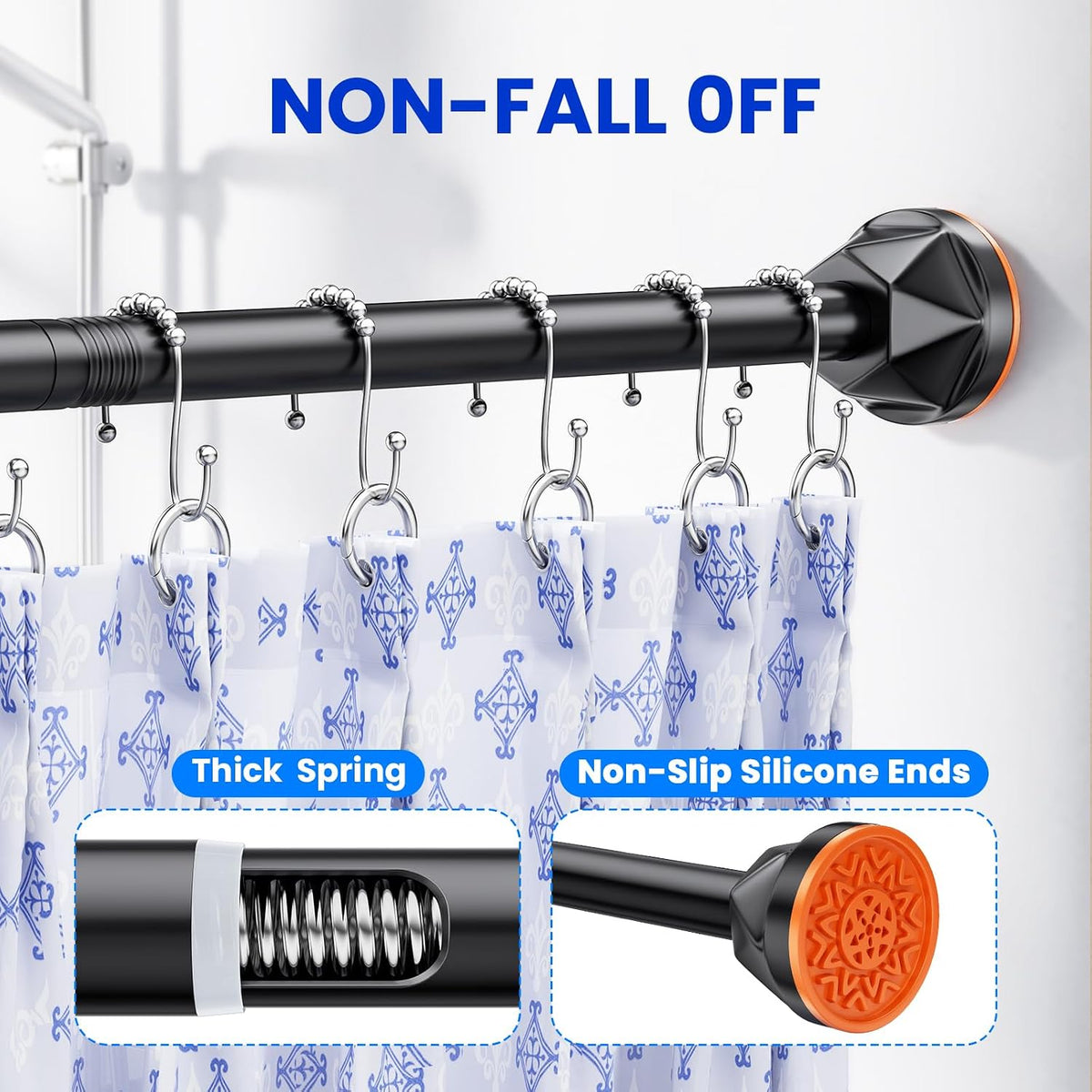 TITGIPE Black Shower Curtain Rod 32-80 Inches, No Drilling Tension Curtain Rod, Rust Proof Adjustable Spring Rods for Bathroom and Window, Stainless Steel