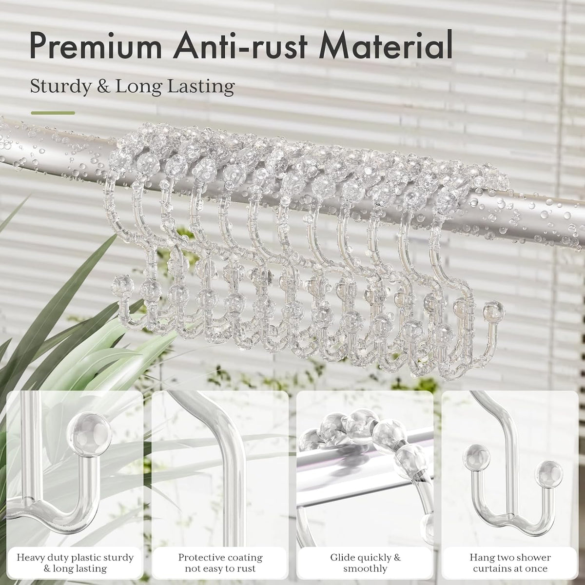 Amazer Plastic Shower Curtain Hooks - Double Clear Shower Hooks, Set of 12