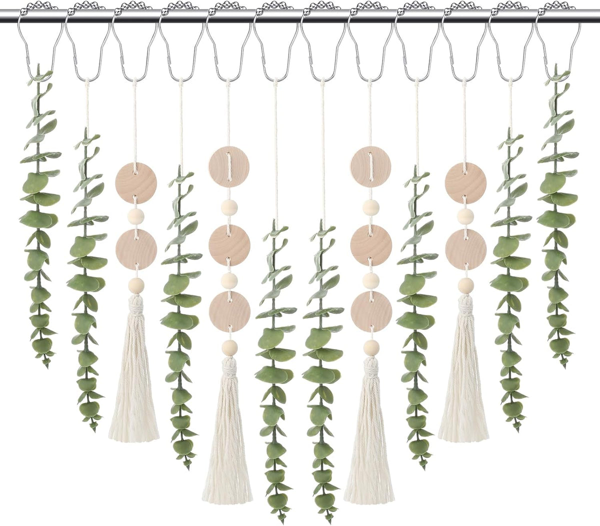Yinkin 12 Pcs Boho Eucalyptus Shower Curtain Hooks Decorative, Woodchip