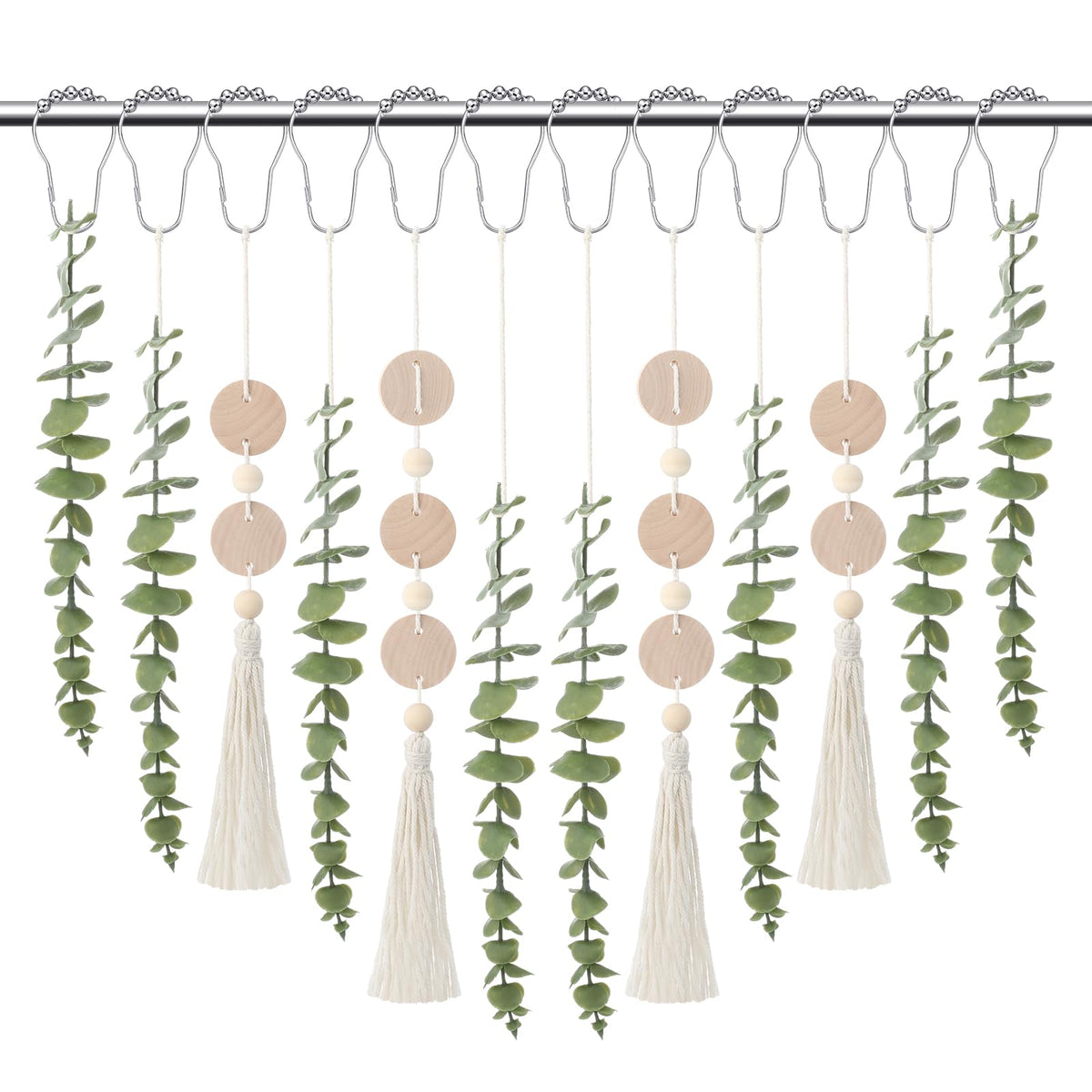 Yinkin 12 Pcs Boho Eucalyptus Shower Curtain Hooks Decorative, Woodchip