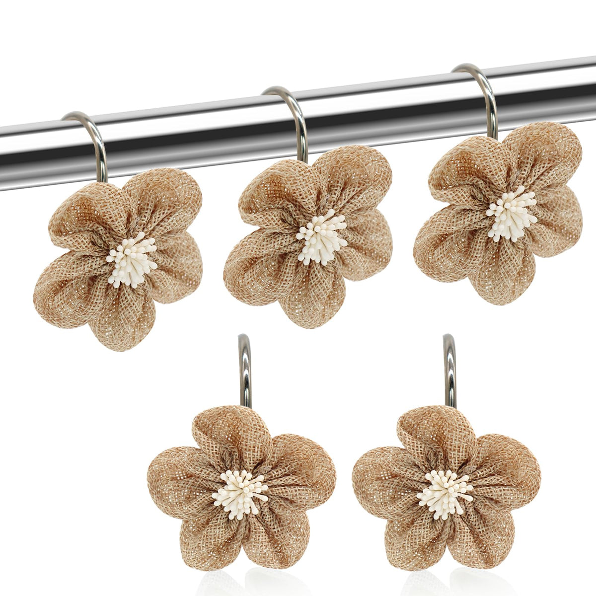 Flower Decorative Shower Curtain Hooks, Stylish Fabric Flower Shower Curtain Rings, Fashion Shower Curtain Hangers, 12PCS Shower Hooks for Shower Curtain, Bathroom, Bedroom, Living Room (Green)