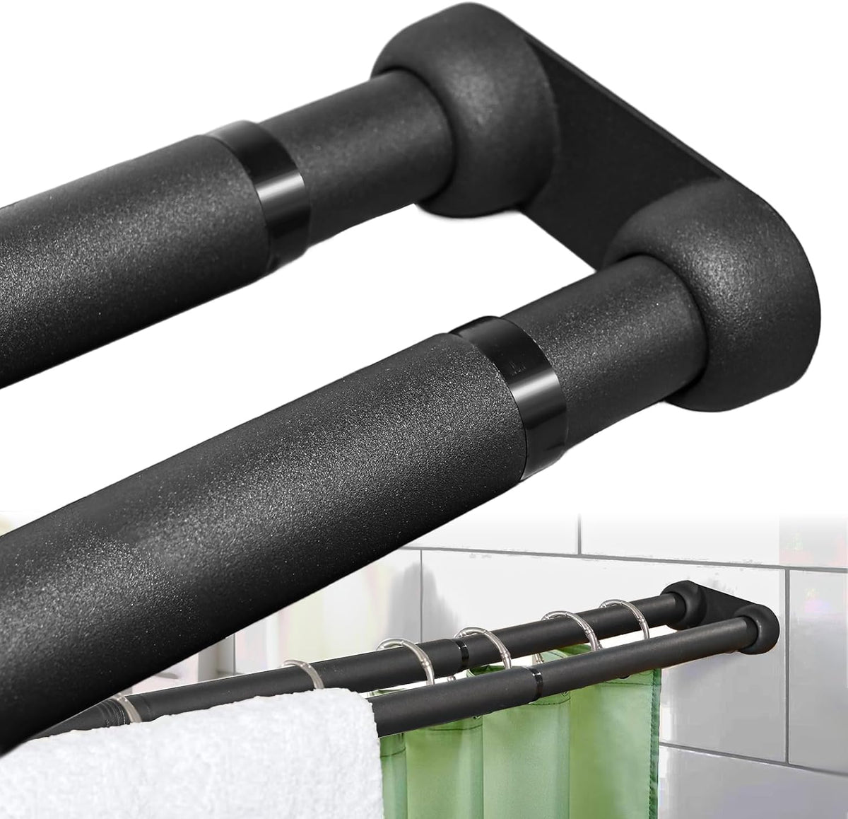 Double Shower Curtain Rod 27 to 62 Inches,Elegant Wall Mounted Double Shower Rods, Black Adjustable Curtain Pole for Bathroom,Laundry,Room Divider,Kitchen