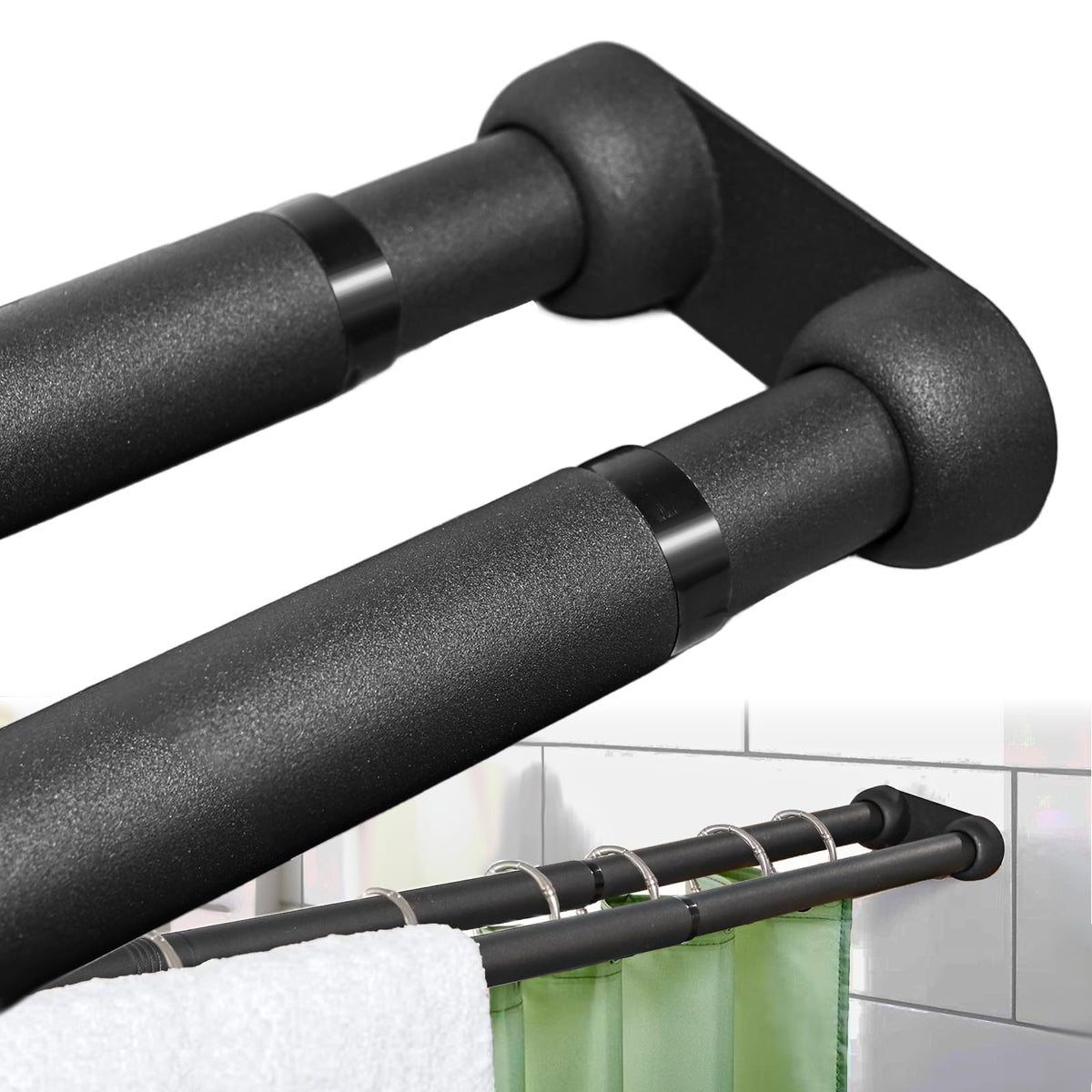 Double Shower Curtain Rod 27 to 62 Inches,Elegant Wall Mounted Double Shower Rods, Black Adjustable Curtain Pole for Bathroom,Laundry,Room Divider,Kitchen