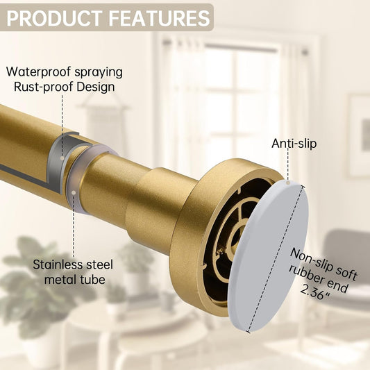BRIOFOX Shower Curtain Rod Adjustable 18-64 Inch, Stainless Steel Spring Tension Shower Rod No Drilling Non Slip, Sunset Gold