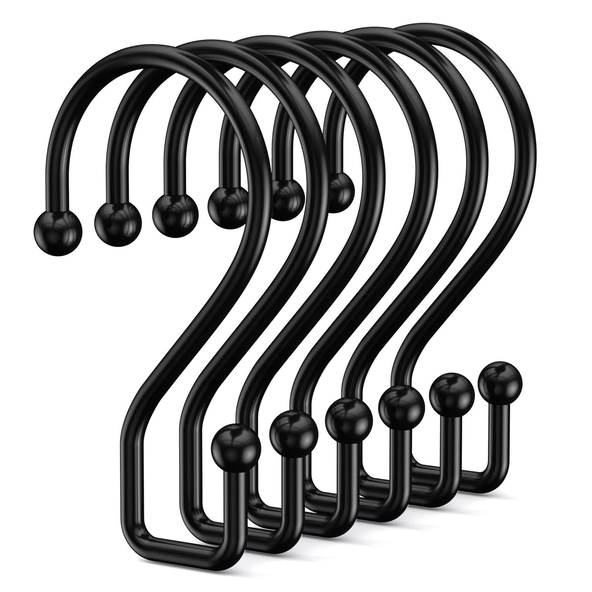 Goowin Shower Curtain Hooks, 12 Pcs S Shape Shower Curtain Rings, Rustproof Black Shower Curtain Rings, Multi-Functional Shower Hooks for Shower Curtain, Kitchen Utensils, Clothing, Towels, Black
