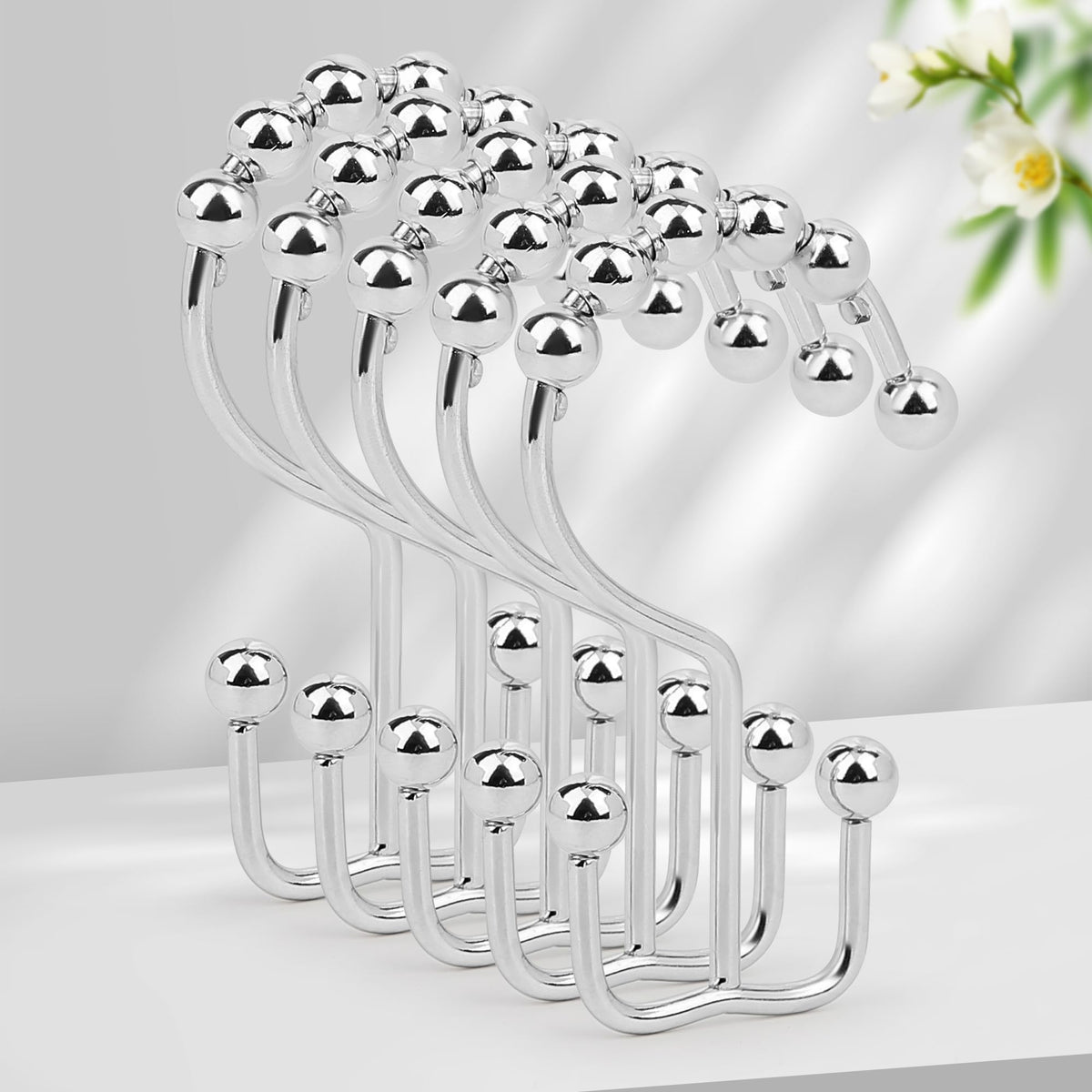 Resze 12PCS Shower Curtain Hooks, Metal Double Shower Curtain Rings, Chrome