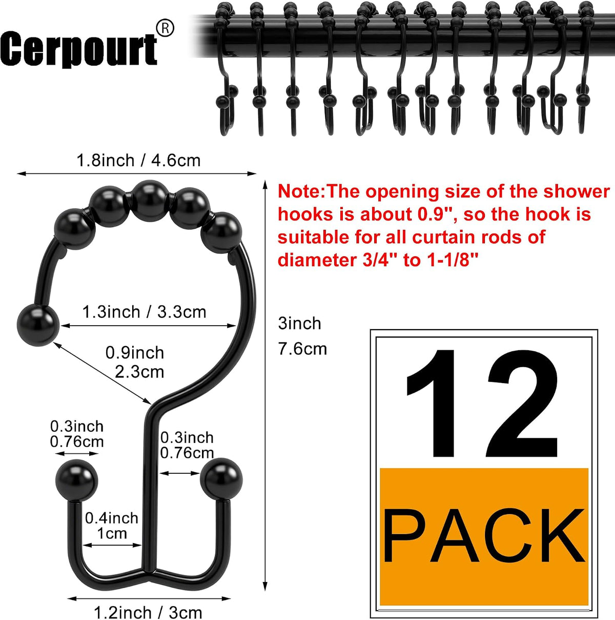 Shower Curtain Hooks, 12 Pcs Rustproof Metal Shower Curtain Rings,Free Sliding Double Shower Hooks for Shower Curtain & Liners, Shower Curtain Hangers for Bathroom Shower Curtain Rods Curtains (Black)