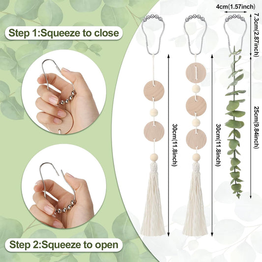 Yinkin 12 Pcs Boho Eucalyptus Shower Curtain Hooks Decorative, Woodchip