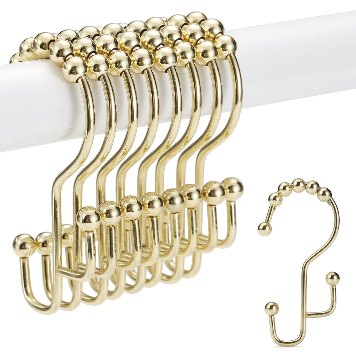 Shower Curtain Rings, SUTINE Shower Curtain Hooks, Stainless Steel Gold Shower Curtain Hooks Rust Proof, Easy Sliding Double Shower Hooks for Shower Curtains, Curtain & Liners, 12pcs-Gold