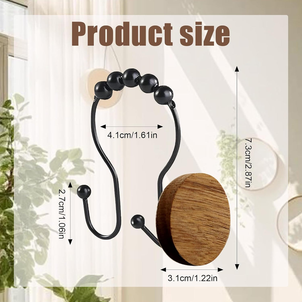 Double Shower Curtain Hooks, Wood Decorative Shower Curtain Rings, 12 PCS Log Curtain Rings, Rustproof & Waterproof Metal Shower Curtain Hangers for Shower Curtain Rod, Bathroom, Bedroom (Black)
