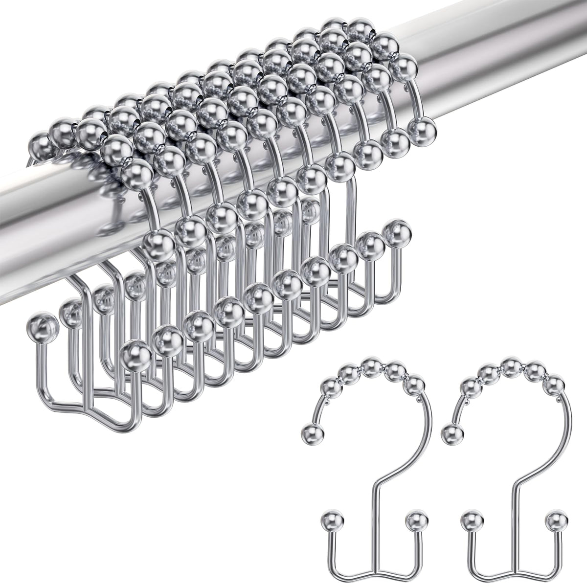 Amazer Shower Curtain Hooks, Decorative Shower Curtain Hooks Rust Proof Stainless Steel Shower Curtain Hooks, Shower Hooks for Shower Curtain Bathroom 12PCS, Polished Chrome