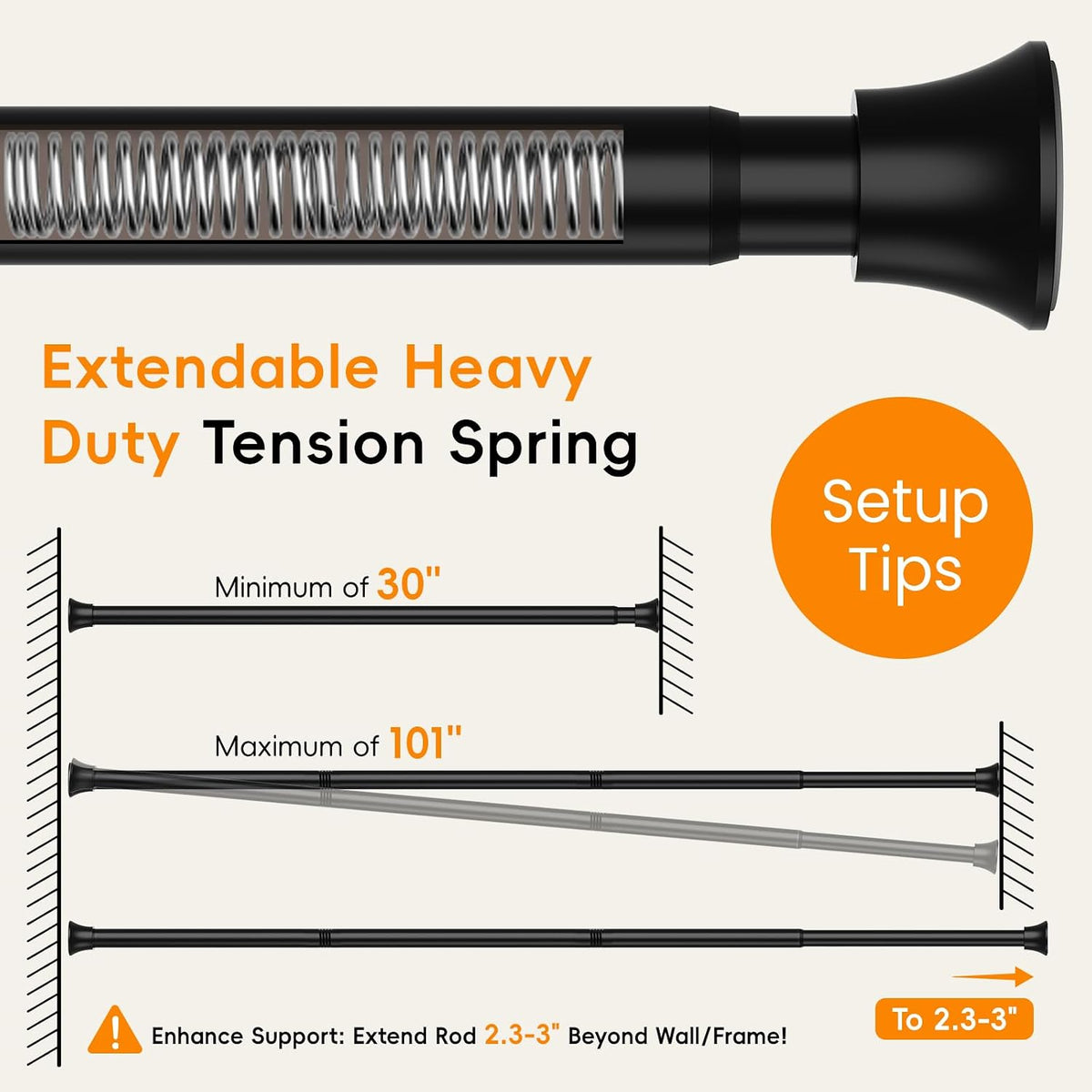 Black Tension Shower Curtain Rod Shower Tension Rods for Window Adjustable 30 To 64 Inch,Shower Curtain Rods Spring Tension For Bathroom No Drilling No Rust