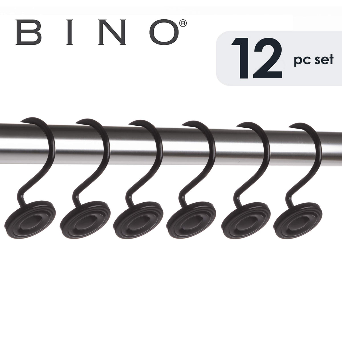 BINO | Shower Curtain Hooks - Brushed Nickel - Set of 12 | Hooks Shower Curtain | Shower Curtain Rings Hooks | Rust Proof Shower Curtain Hooks | Bathroom Shower Hooks For Curtain | Bathroom Essentials