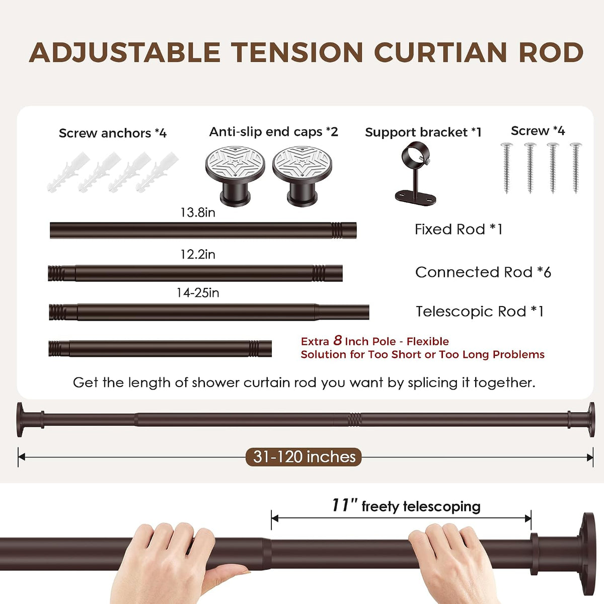 Brown Tension Curtain Rod 30-120 Inch, Heavy Duty Shower Rod
