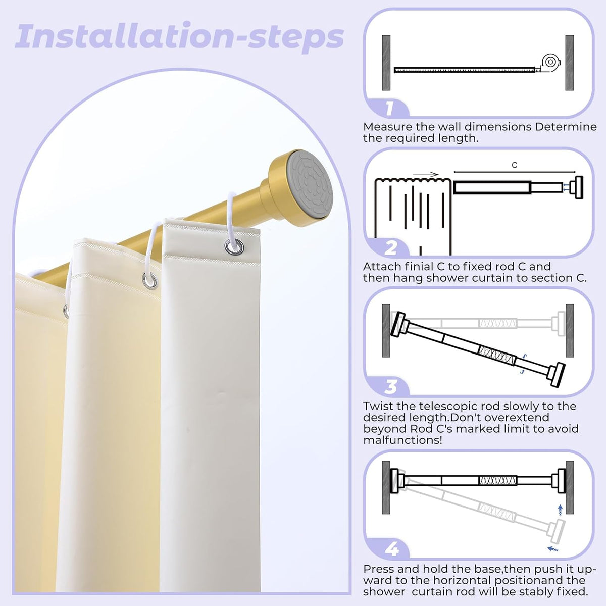 Spring Tension Shower Curtain Rod,18-49",Heavy Duty,No Drill,Gold