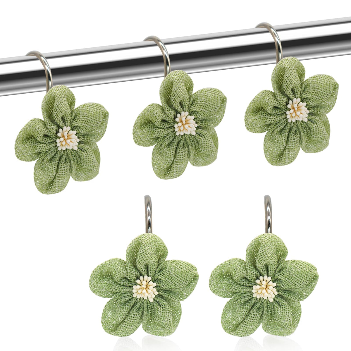 Flower Decorative Shower Curtain Hooks, Stylish Fabric Flower Shower Curtain Rings, Fashion Shower Curtain Hangers, 12PCS Shower Hooks for Shower Curtain, Bathroom, Bedroom, Living Room (Green)