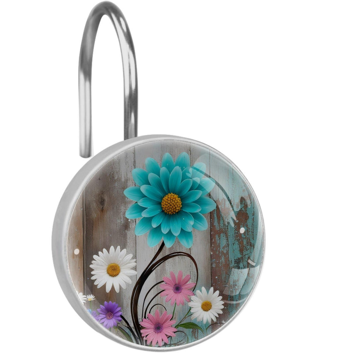 12 Pcs Farm Blue Daisy Butterfly on Country Wooden Shower Curtain Hooks, Decorative Shower Curtain Rings for Bathroom, Stainless Steel Rustproof Curtain Rings Hangers for Shower Curtain Rod