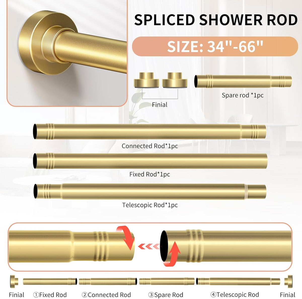 Gold Shower Curtain Rod 34-66 Inches(2.8-5.5ft) Never Rust Adjustable Shower Rod Spring Tension Non Slip No Drilling Shower Rods for Bathroom Garland Window
