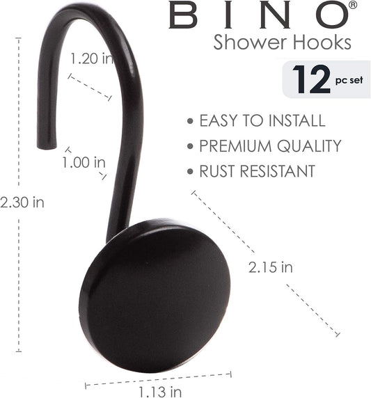 BINO | Shower Curtain Hooks - Matte Black- Set of 12 | Hooks Shower Curtain | Shower Curtain Rings Hooks | Rust Proof Shower Curtain Hooks | Bathroom Shower Hooks for Curtain | Bathroom Essentials