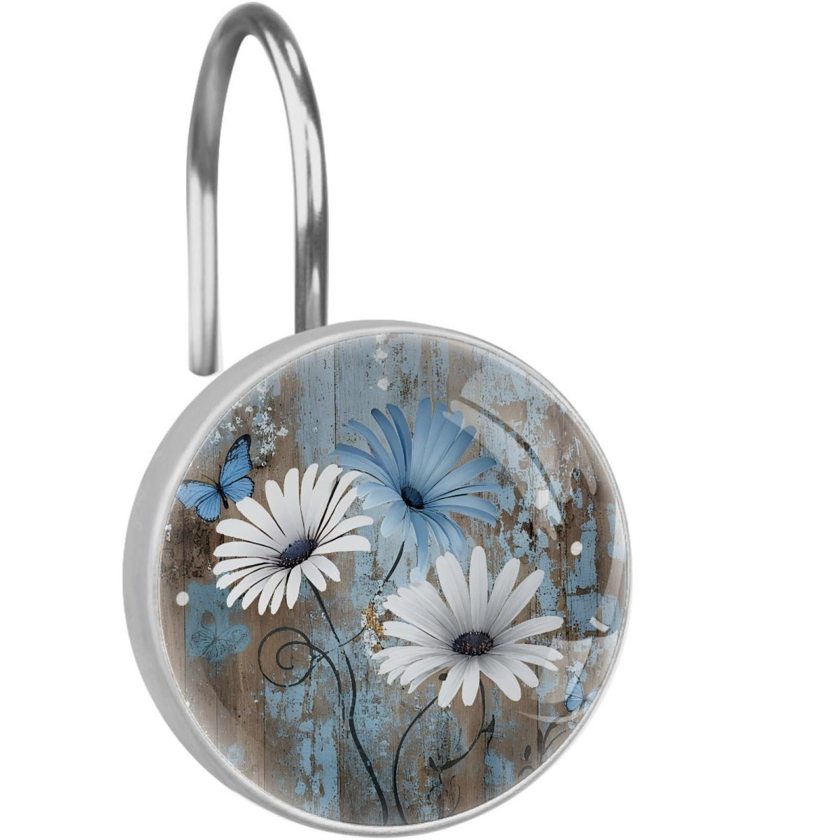 12 Pcs Farm Blue Daisy Butterfly on Country Wooden Shower Curtain Hooks, Decorative Shower Curtain Rings for Bathroom, Stainless Steel Rustproof Curtain Rings Hangers for Shower Curtain Rod