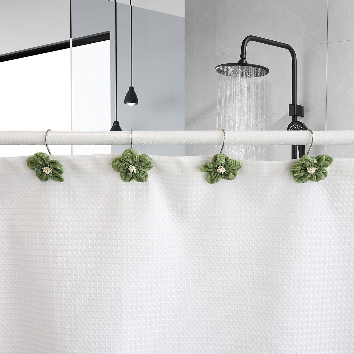 Flower Decorative Shower Curtain Hooks, Stylish Fabric Flower Shower Curtain Rings, Fashion Shower Curtain Hangers, 12PCS Shower Hooks for Shower Curtain, Bathroom, Bedroom, Living Room (Green)